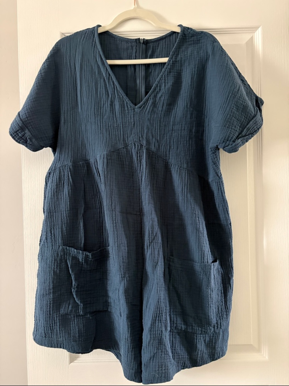 Textured V-Neck Short Sleeve Tunic Dress in Deep Teal